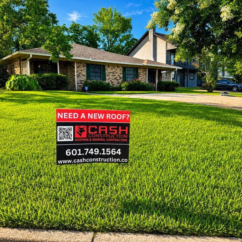 Cash Construction & Roofing yard sign on a freshly cut lawn in front of a Madison, MS home