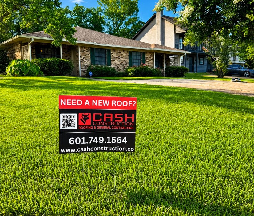 Cash Construction & Roofing yard sign on a freshly cut lawn in front of a Madison, MS home