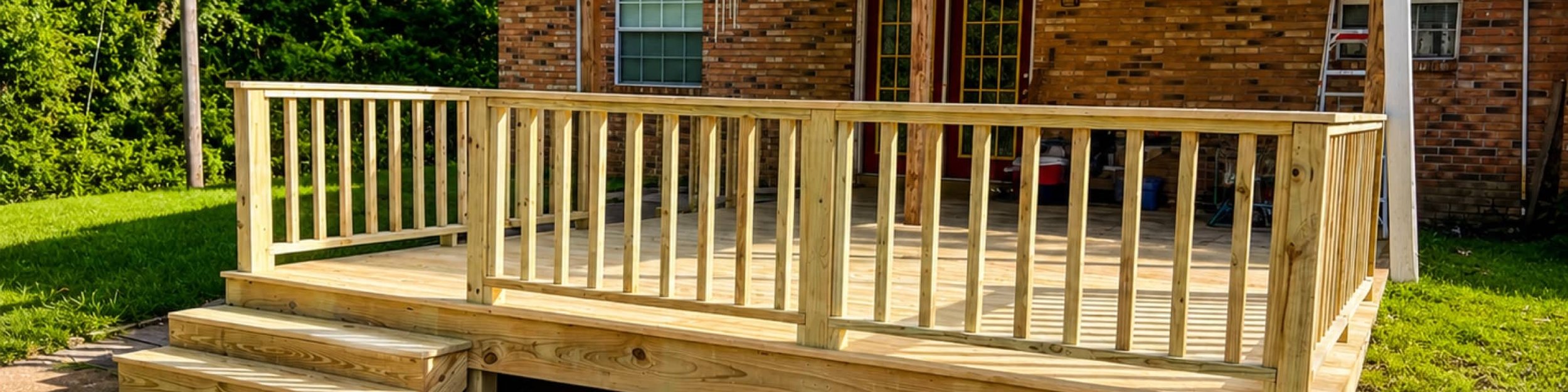 New pressure-treated wood deck with railing built onto a brick home in Madison, MS