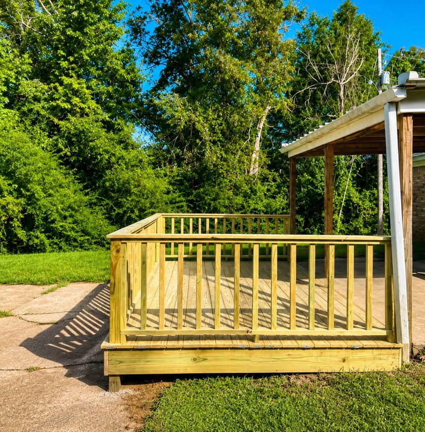 Freestanding pressure-treated deck built beside a covered patio in Madison, MS
