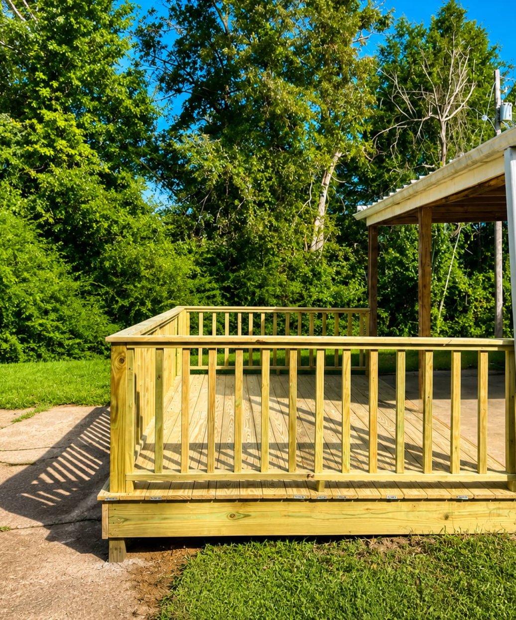 Freestanding pressure-treated deck built beside a covered patio in Madison, MS